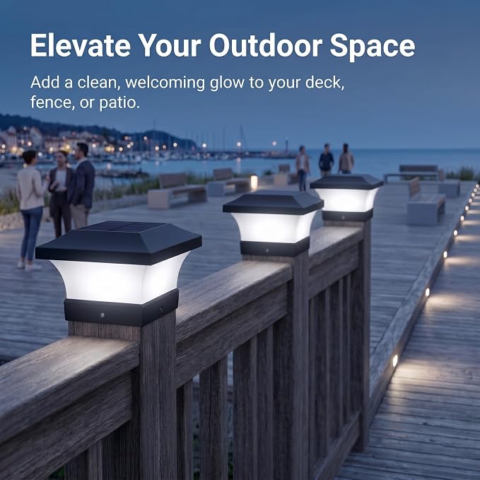 T-SUN Solar Post Cap Lights 4 Pack for 4x4, 5x5 & 6x6 Posts, 6500K Cool White, Waterproof Dusk to Dawn LED Deck & Fence Post Lights, Eco-Friendly & Sustainable, Made with Recycled Materials