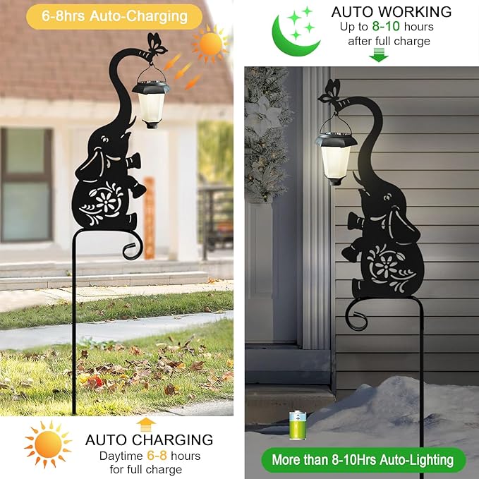 Metal Elephant with Solar Lantern Garden Stake,Garden Lights Solar Powered, Outdoor Decorations for Yard (Black Elephant)