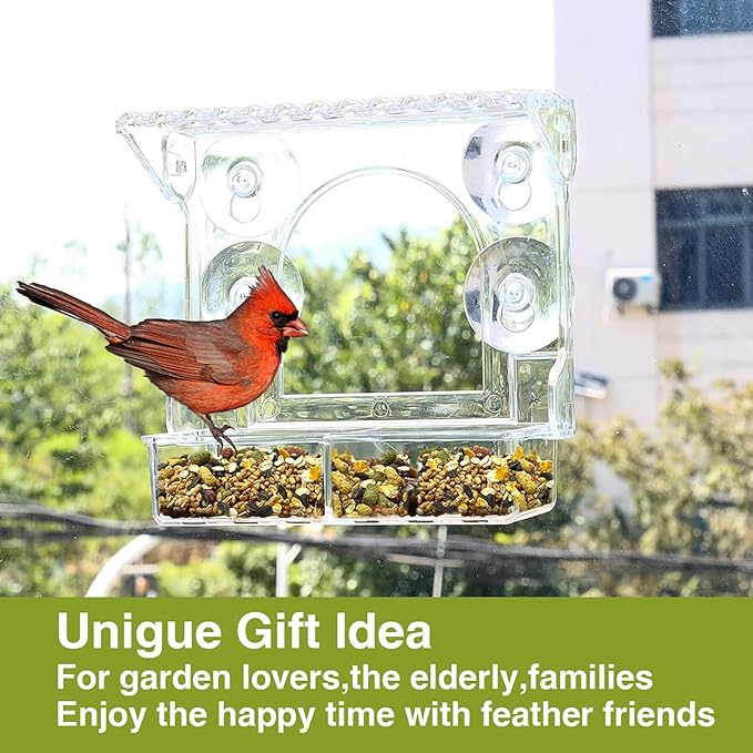 Window Bird Feeder with 4 Extra Strong Suction Cups, Clear Birdfeeders Bird House for Outdoors Window Viewing Outside, Removable Tray Birdhouse