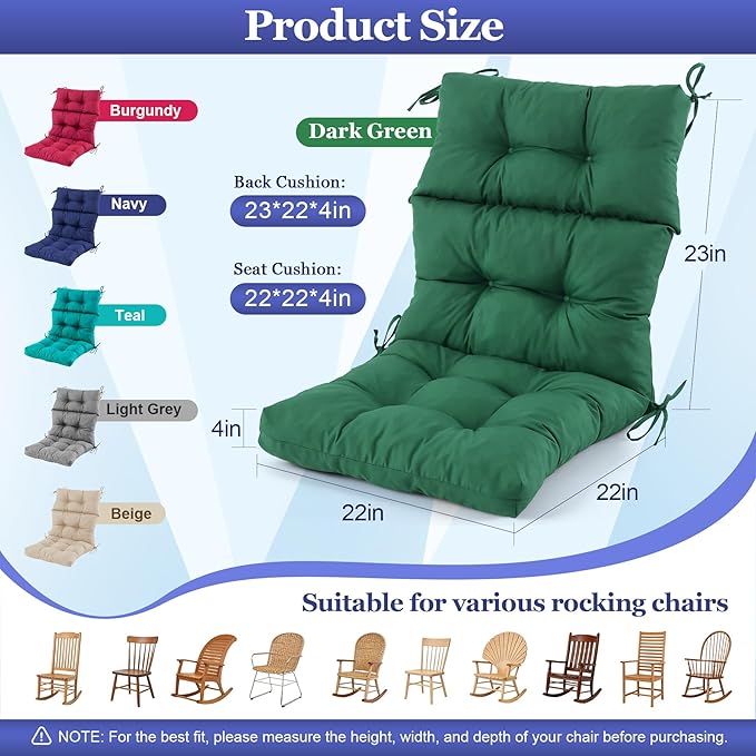 Rocking Chair Cushion, Waterproof and Fade-Resistant Adirondack Rocker Cushions, Indoor/Outdoor Rocking Chair Pads, High Back Memory Foam Patio Furniture Cushions with Ties, 44x23x4 Inch, Dark Green