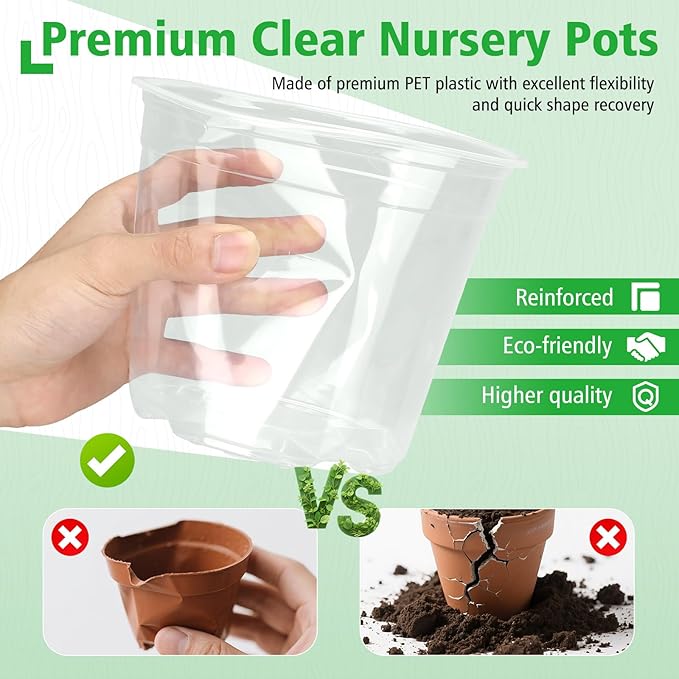 8 Inch Large Clear Nursery Pots with Drainage, 10 Pack Plastic Pots for Plants, Ideal Seedling Pots and Plant Pots for Vegetables, Orchids, Aloe, Indoor Outdoor Use (8 inch-10 Pack)