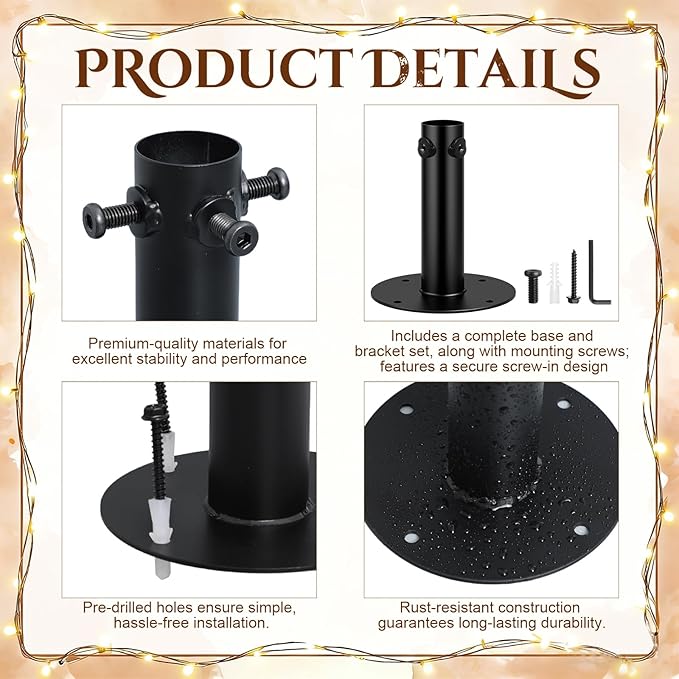 6 Pack String Light Pole Base for Planters, Heavy Duty Metal Holder for Outdoor Patio String Lights, Fits 1.5 Inch Poles, Rust Resistant Mount with Screws for Backyard Garden Decor