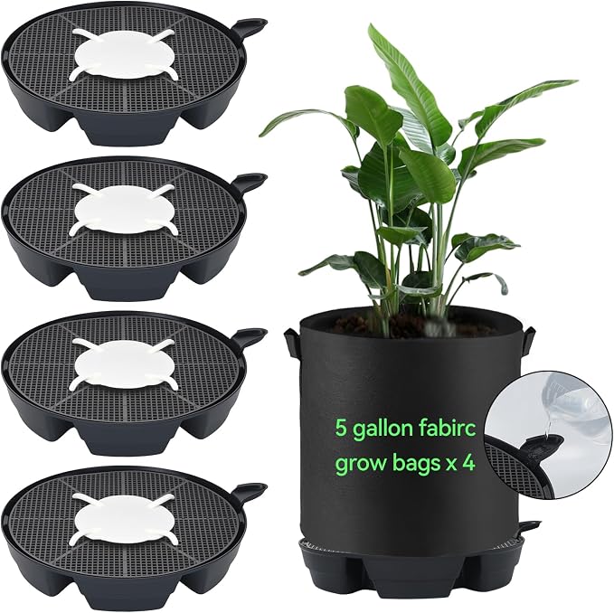 OTraki 4 Pack Self Watering Fabric Pot Base with 5 Gallon Grow Bag | Auto Watering System for 5 Gallon Fabric Pots, Planter Fabric Plant Grow Bag, for Garden Indoor Outdoor Greenhouse