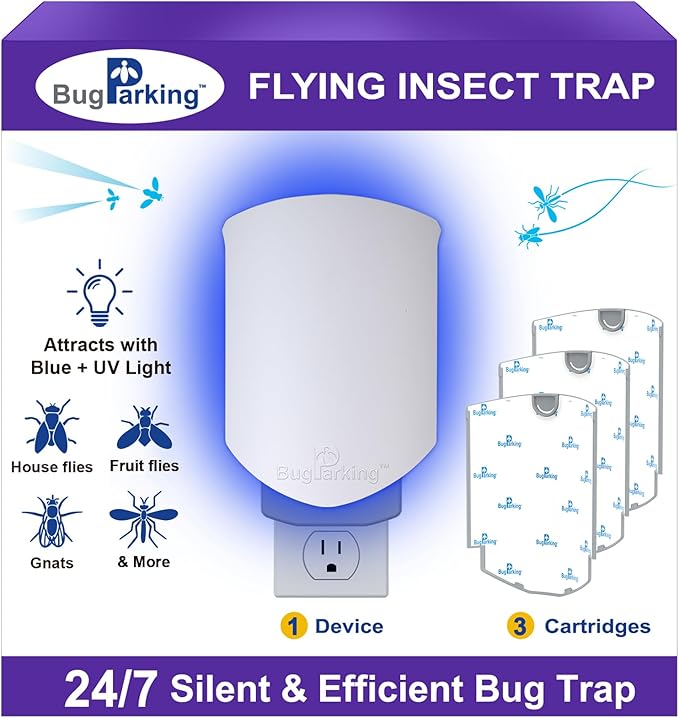 Flying Insect Trap, Plug-in UV Light for Gnats, Fruit Flies and Houseflies, Silent Sticky Catcher for Indoor Use, 1 Device & 3 Refills