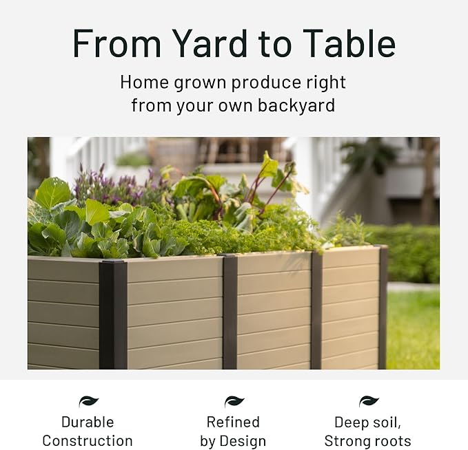 Tierra Verde 48-Inch x 48-Inch Raised Garden Bed with Tool-Free Connect System and Crafted from Recycled Materials, for Patios or Decks, Khaki