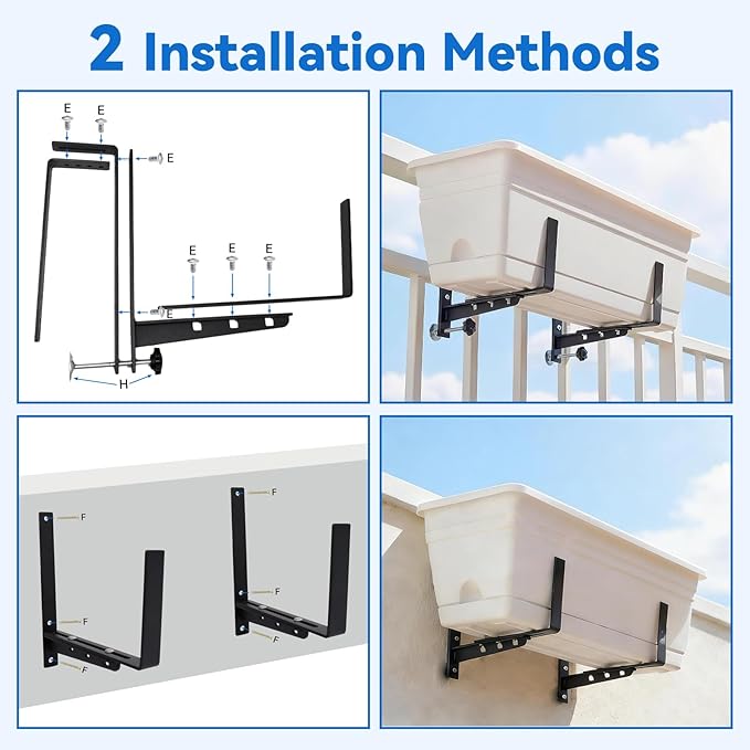 Halatool 4-Pack Window Box Brackets Outdoor - Heavy Duty Adjustable Planter Box Brackets, No-Drill Planter Holder with Enhanced Bottom Support for Railings, Balcony, Porch, Fence and Patio (Black)