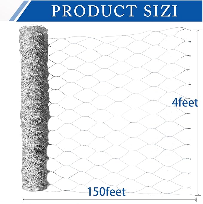 WFLNHB Hexagonal Chicken Wire Poultry Netting Galvanized Mesh Garden Fence Barrier Fence Mesh Roll 4Feet x 150Feet