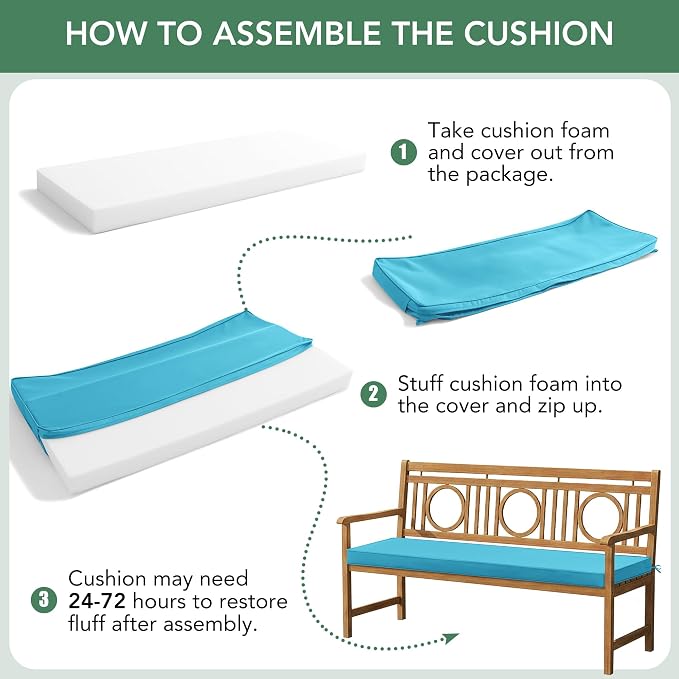 Summsun Outdoor Bench Cushion: Waterproof and Fade Resistant Patio Furniture Cushions - Non-Slip Bench Pad Cushion with Removable Cover for Garden Swing Porch Sofa Settee, 48 x 18 x 3 Inch, Teal