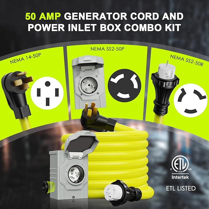50 Amp Generator Cord 50FT and Power Inlet Box, NEMA 14-50P Male to SS2-50R 125/250V Twist Lock Connector with Pre-Drilled NEMA SS2-50P Generator Inlet Box for Generator to House, ETL Listed