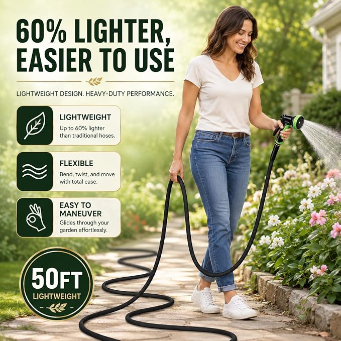 Garden Hose 50FT, NON-EXPANDABLE Flexible Water Hose, Lightweight, Kink-Free, High-pressure Hose Male to Female Fittings for Watering Plants, Washing Cars, Cleaning Patios and Bathing Pets.