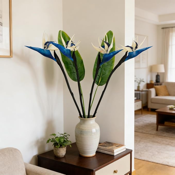 Artificial Bird of Paradise Flowers Real Touch 31.5'in Long Stem Flower 4 Pcs, with Bird of Paradise Leaves 33.5'in Long Stem Greenery Plants 2 Pcs,for Home Garden Wedding Party Decor (Blue 6 Stems)