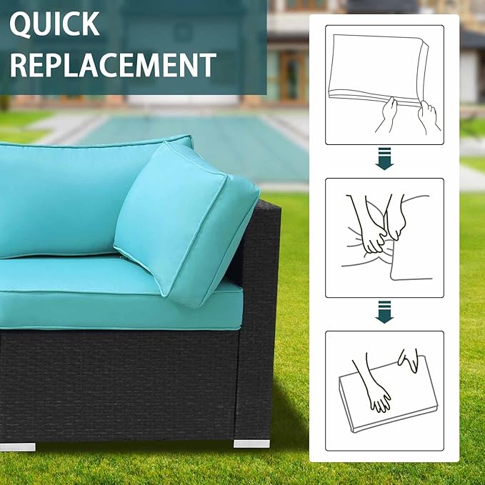 14Pieces Patio Cushion Covers Replacement,Outdoor Couch Cushions Covers Waterproof Furniture Cushion Covers Slipcovers Set with Zippers,Cover Only(Cyan, 23.6×23.6×3.35 inches)