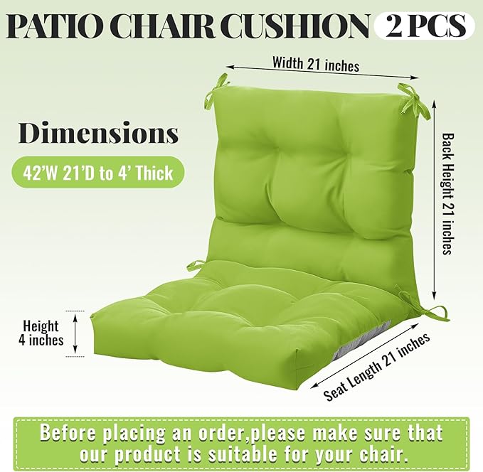 Marsui 2 Pcs Outdoor Indoor High Back Chair Cushions Patio Furniture Tufted Pillow with Ties Water-Resistant Replacement Outdoor Rocking Chair Cushions, 42 x 21 Inches (Fruit Green,Solid Color)
