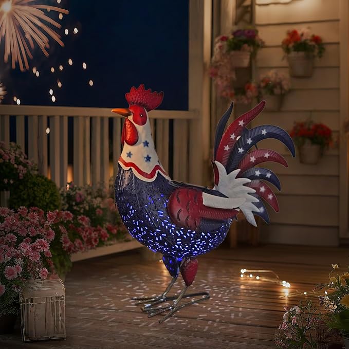 LIFFY Metal Rooster Yard Decor,18" Solar Patriotic Chicken Garden Statues Outdoor,4th of July Decorations with American Flag Decorative Ornament Outside for Home Patio Backyard Lawn