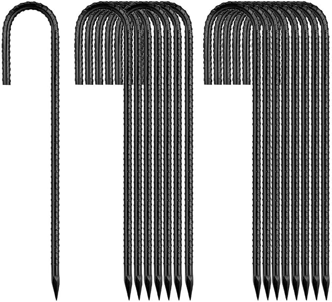 Rebar-Stakes-12Inch,J Hooks Ground Stakes Anchors for Gardening Black Coated Ground Stakes 16pcs Anti-Rust Heavy Duty Dog Fence Fixed Water Pipes Soccer Goals Tent Camping Trampoline