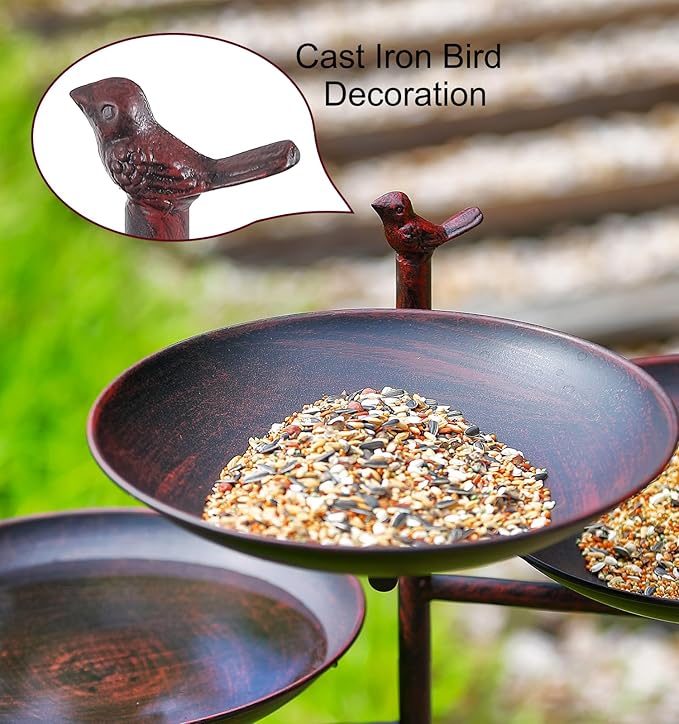 44" H Metal Bird Bath and Feeder for Outside, Standing Birdbaths with Cast Iron Bird, Vintage Birdfeeder for Outdoors with 4-Prong Stake Base for Garden Decor Yard Lawn, Red