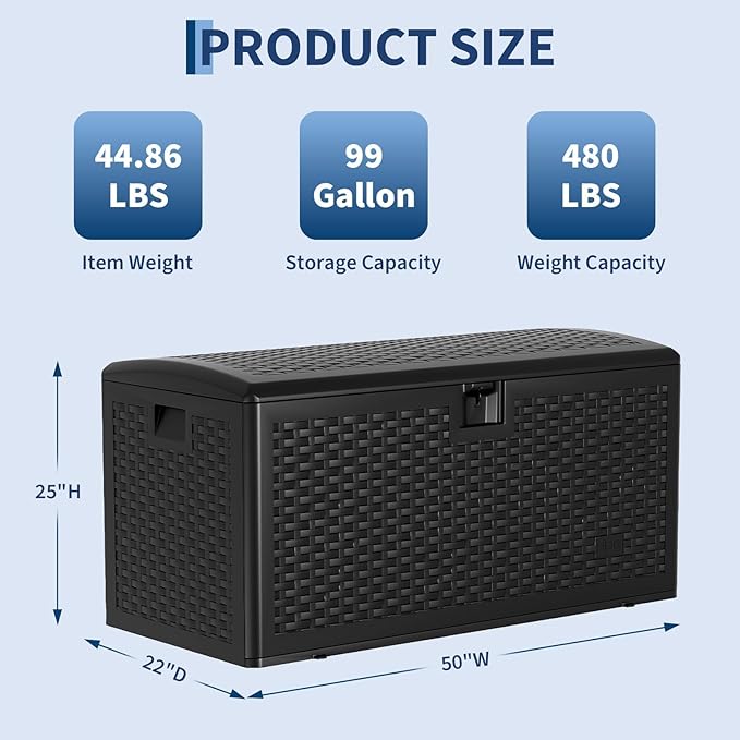 99 Gallon Waterproof Large Resin Deck Box Indoor Outdoor, Lockable Storage Container for Patio Furniture Cushions, Throw Pillows, Garden Tools, and Pool Floats Brown 50" L x 26" W x 25" H