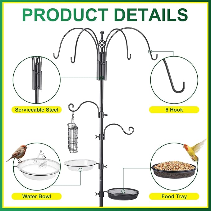 MorningRo Adjustable Shepherd Hook Stand, 34"- 55" Black Iron Shepherd Hook with Base for Plant Hanging, Wind Chime & Bird Feeder - Outdoor Garden Porch Decoration(Elegant Style)