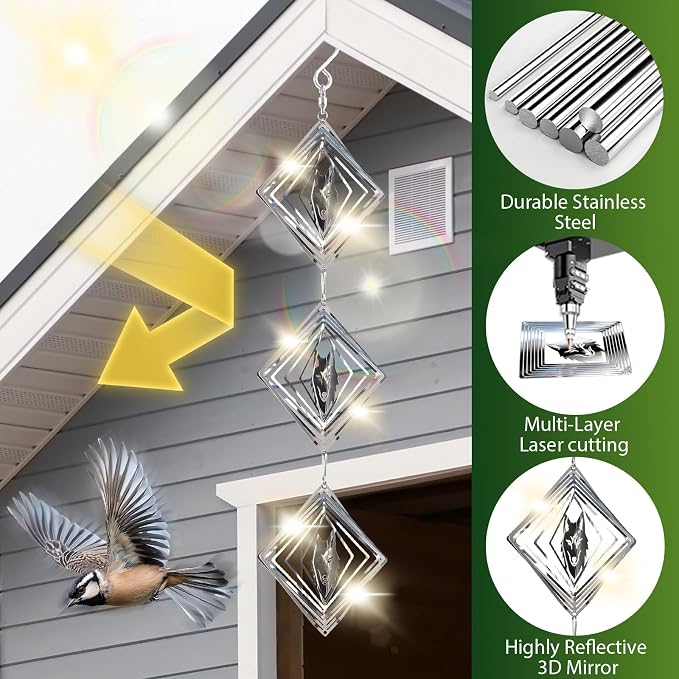 CHONOVO Bird Deterrents for Outside, 12 Discs 4 Set Reflective Wolf Wind Spinners, 3D Bird Scare Devices to Keep Woodpecker Pigeon Away, Outdoor Hanging Bird Reflectors for Patio, Roof, Garden, Yard