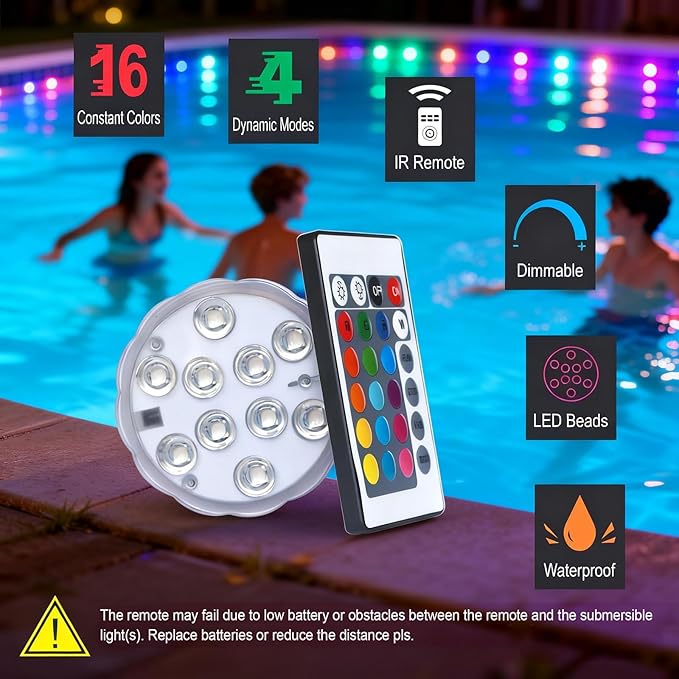 POLENTAT Submersible LED Lights with Remote, 16 Colors 4 Modes Battery Powered Waterproof LED Pool Lights for Inground Pool Above Ground Pool Bathtub Decoration (3 Packs)