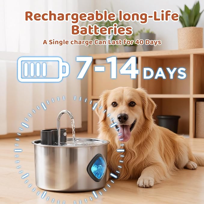 3.2L Wireless Pet Water Fountain, 4000mAh Rechargeable Stainless Steel Dispenser with Infrared Sensor & 3-Stage Filtration, Ultra-Quiet Pump, Indoor & Outdoor Use for Cats & Dogs