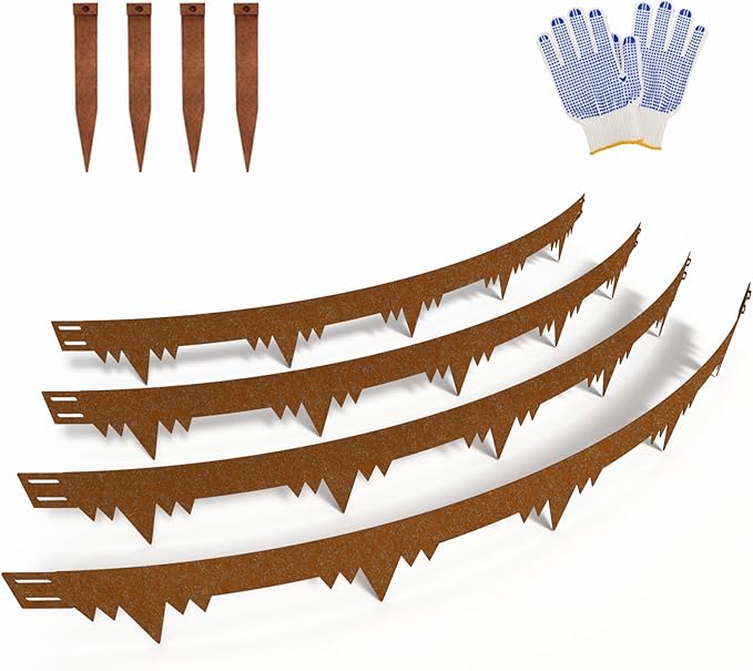 Metal Landscape Edging Border 4 Packs 42'' L x 4.5'' H, Pre-Rusted Steel Garden Edging Border with 4 Stakes, Hammer-in Lawn Edging for Landscaping, Flower Bed, Yard, Pathway, Tree Ring (14ft Total)