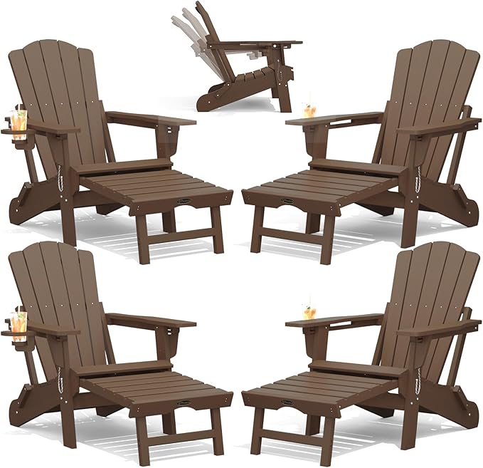 THOEOE Folding Adjustable Adirondack Chairs with Ottoman & 1 Cup Holders Set of 4, HDEP Multifunctional Adirondack Chair with Footrest,Brown