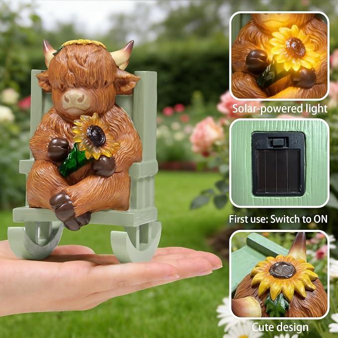 Sheaifun Solar Garden Statues Highland Cow Garden Decor Resin Highland Cow Statue with Light Animal Figurine Outdoor Yard Patio Lawn Decoration Housewarming Gardening Gifts for Women 3.5x5x6.5 in