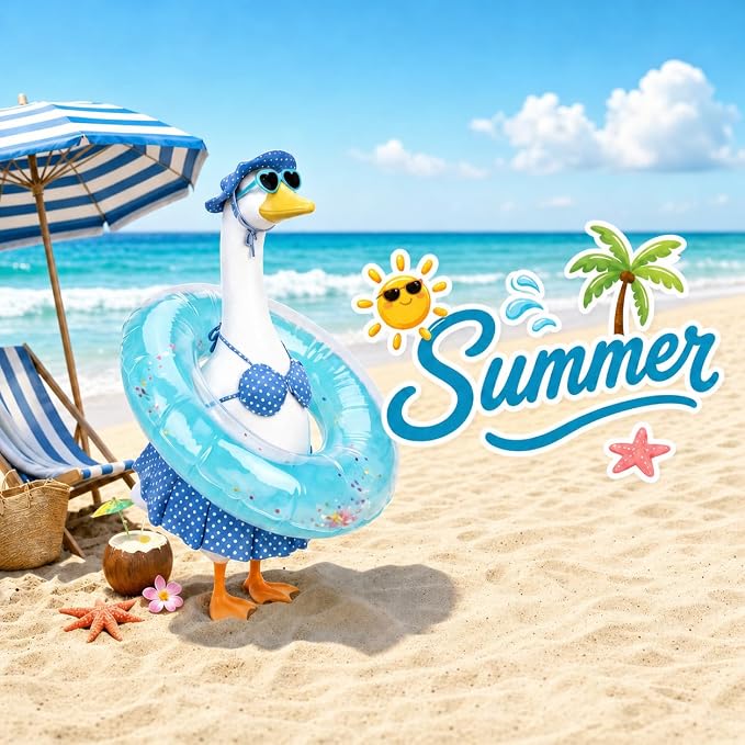 Summer Porch Goose Outfit with Sunglasses and Swim Ring, Hawaiian Bikini 23 inch Porch Goose Costume Clothing for Patio Yard