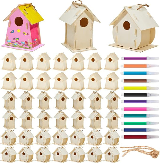 Deekin 21 Sets DIY Birdhouse Kit for Kids to Build and Paint, Include Unfinished Wooden Bird House Strips and Colorful Painting Pens for Fun Craft Activity Creative DIY Art Project