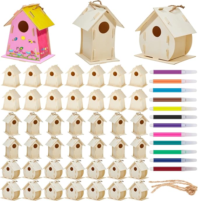 Deekin 42 Sets DIY Birdhouse Kit for Kids to Build and Paint, Include Unfinished Wooden Bird House Strips and Colorful Painting Pens for Fun Craft Activity Creative DIY Art Project