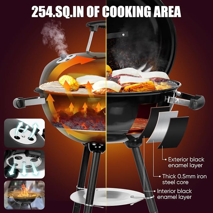 HaSteeL 18 Inch Charcoal Grill, Black Kettle Outdoor Barbecue Grill, 2-In-1 Portable BBQ Grill with Wheels for Camping Backyard Patio Picnic, Porcelain-Enameled Lid & Fire Bowl, 254.SQ.IN Cooking Area