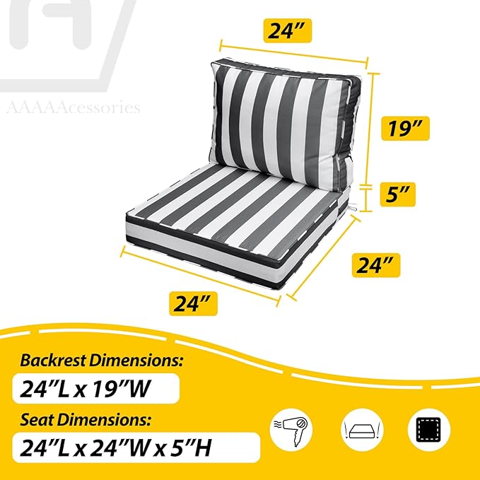 AAAAAcessories Outdoor Deep Seat Cushions with Double Welted Pillow, Waterproof, Fade-Resistant Patio Furniture Replacement Cushions, 24" x 24" x 5" + 24" x 19", Gray Cabana Stripe