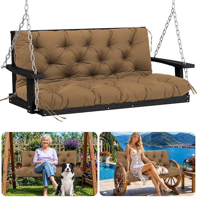Porch Swing Cushions 40 inch Waterproof & Fade Resistant Thicken 5" Outdoor Swing Cushions 2 Seater Replacement with Backrest & Ties Patio Swing Cushions for Outdoor Furniture (Brown)
