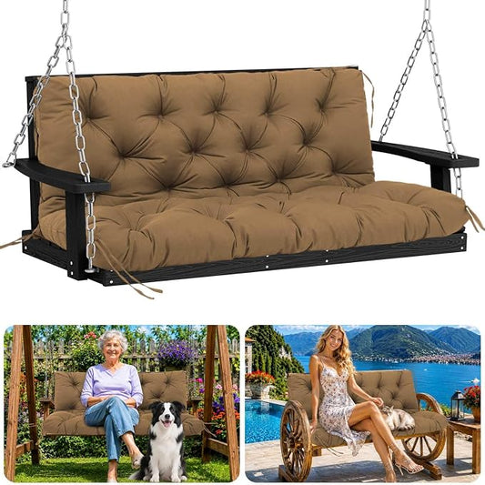 Porch Swing Cushions 60 inch Waterproof & Fade Resistant Thicken 5" Outdoor Swing Cushions 3 Seater Replacement with Backrest & Ties Patio Swing Cushions for Outdoor Furniture (Brown)