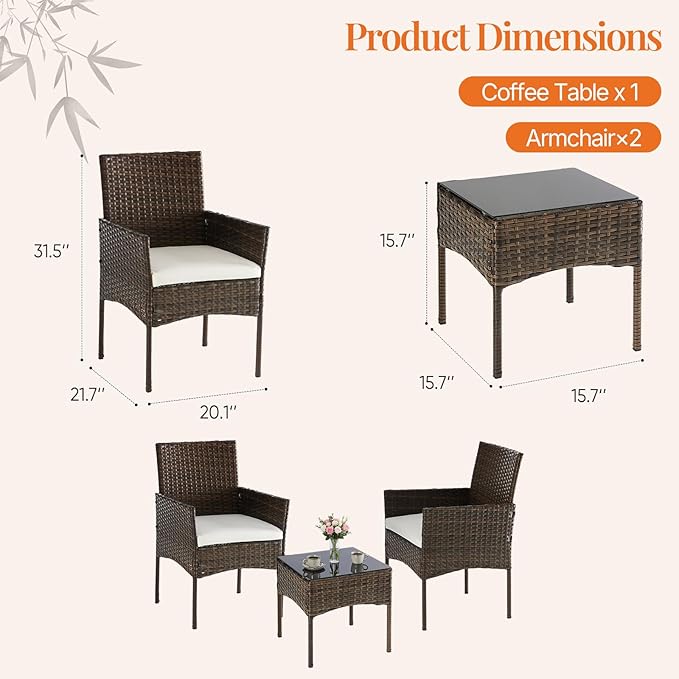 Sweetcrispy 3 Piece Patio Furniture Set, All-Weather Outdoor Wicker Bistro Set with Removable Cushions & Tempered Glass Table, Small Conversation Seating for Porch, Balcony, Deck, Backyard, Brown