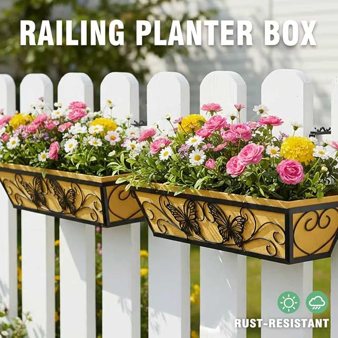2 Pack 24 Inch Railing Planter Boxes Window Box Planters with Liner | Adjustable Bracket, Heavy Duty Hanging Basket, Metal Butterfly Decor, Retain Moisture Fabric Liner, Matte Classic Black