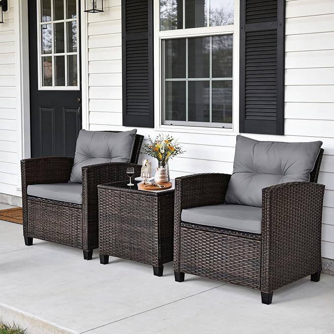 COSTWAY 3PCS Patio Furniture Set, PE Rattan Wicker Sofa w/Washable Cushion and Coffee Table, Tempered Glass Tabletop, Outdoor Conversation Set for Balcony, Porch, Yard, Backyard, Lawn (Grey)