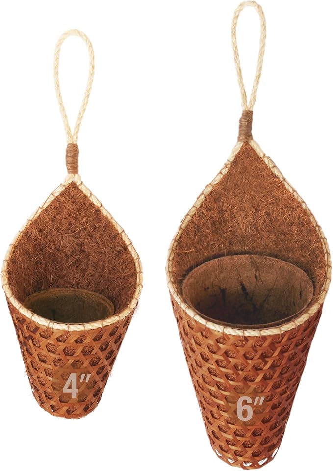 Thai Coconut Fiber Hanging Plants Flowers Basket for Patio Summer Outdoor Outside Decoration (4 Inch & 6 Inch Duo Pack)