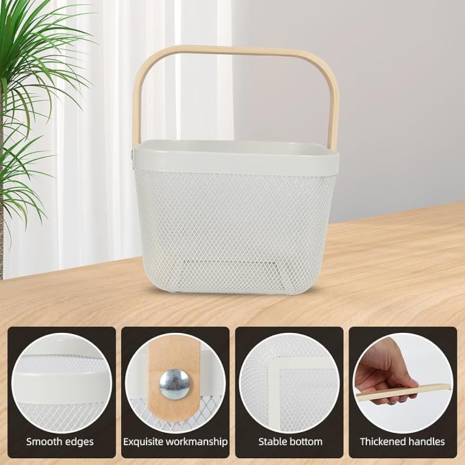 Mesh Steel Harvest Basket with Wood Handle,Hanging Kitchen Baskets Outdoor Basket,Harvest Basket for Garden Vegetables,For Shopping Garden Kitchen Bathroom Home(White)