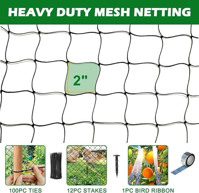 BSTPCOO 50'x50' with 2" Mesh Bird Netting for Chicken Coop with Bird Scare Tape, Hawk Nettings for Chicken Run, Heavy Duty Poultry Nettings Chicken Netting Roof Deer Net