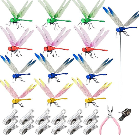 12Pcs Dragonfly Clip, DIY Dragon Fly Clips, Fake Dragonfly Garden Outdoor Decor, Plastic Dragon Fly Plant Pot Decorations with Pliers & Clips(Large)