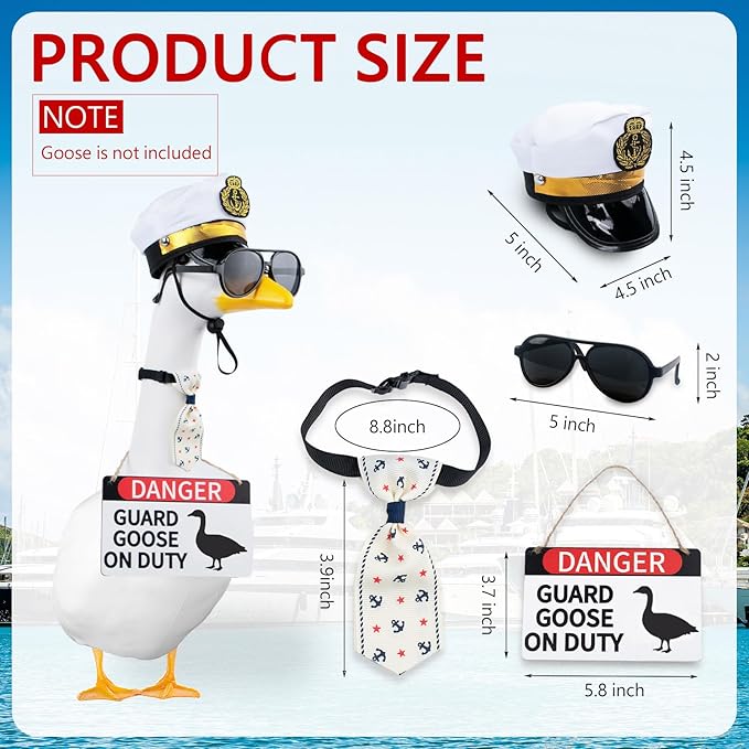 CAMDUCK 4 Pcs Porch Goose Accessories Porch Geese Sign Goose Navy Hat Eyeglasses Necktie Wooden Danger Guard Goose on Duty Warning Sign Geese Outfits Decor for Yard Porch Lawn