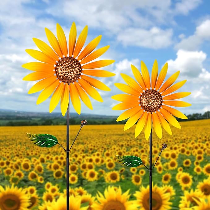 2 Packs Wind Spinners Outdoor, Sunflower Decor Windmill for Yard, Pinwheels, Wind Spinners for Yard Garden, Outdoor Metal Wind Spinner Lawn Decor
