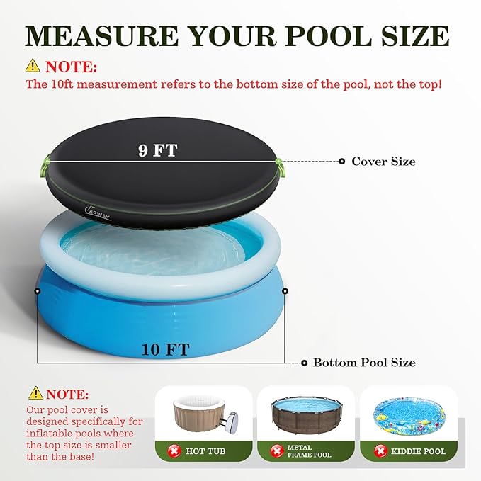 UIRWAY 10FT Round Pool Cover, Inflatable Pool Covers for Above Ground Pools with Elastic Cord - Snug Fit & Easy Set, Outdoor Swimming Pool Cover with 2 Reflective Strip Handles, Black