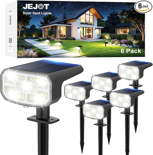 JEJOT Solar Spot Lights Outdoor Waterproof IP65,6 Pack,Cool Light, 2 Lighting Modes Selectable, Solar Powered Yard Garden Solar Spot Lights for Garden Outside Landscape Auto On/Off