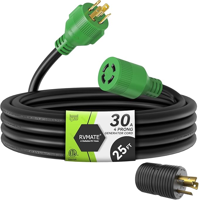 RVMATE 30 Amp Generator Cord 4 Prong 25 Feet, NEMA L14-30P/L14-30R, 125/250V Up to 7500W 10 Gauge SJTW Generator Extension Cord, ETL Listed