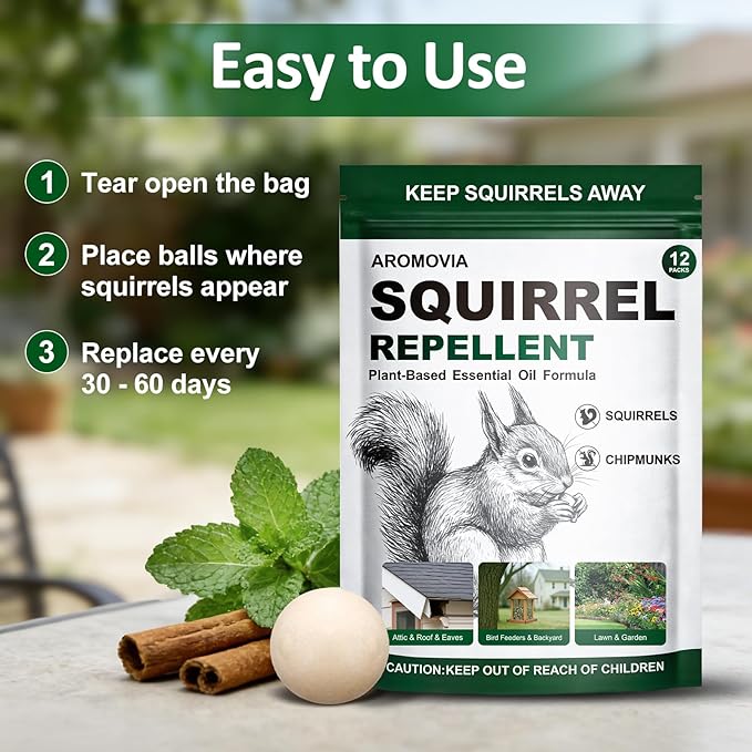 Squirrel Repellent Outdoor Powerful Peppermint Oil Squirrel Repellent Balls, 12-Pack Chipmunk Repellent Peppermint Balls for Outdoor, Pet Safe Formula Squirrel Deterrents for Garden, Patio, Yard