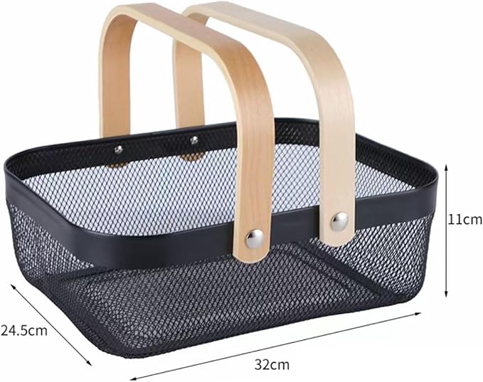 AJIODA Metal Mesh Steel Basket, Storage Organizer Basket Garden Harvest Basket Multi-functional Kitchen Fruit Baskets Bin with Wooden Handle for Bathroom Picnic Shopping Decor Cabinet Home, Black