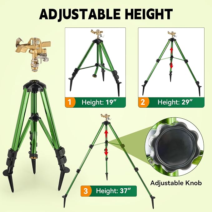 2 Pcs Sprinklers for Yard, Heavy-Duty Impact Sprinkler on Tripod Base, 360 Degree Large Area Water Sprinklers, Adjustable Height 19-37” Sprinkler for Lawn Garden